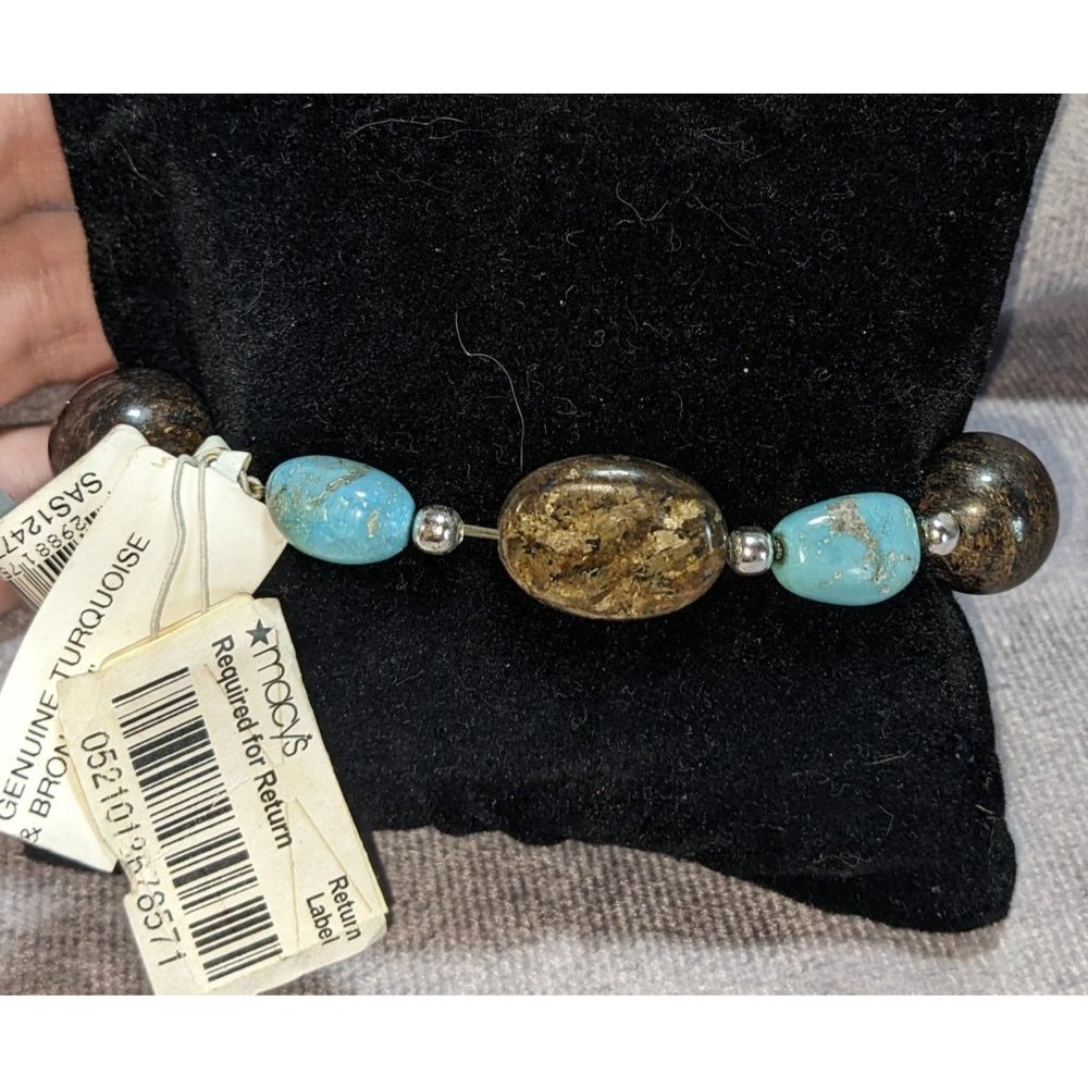 Sterling Turquoise And Bronzite Stretch Bracelet